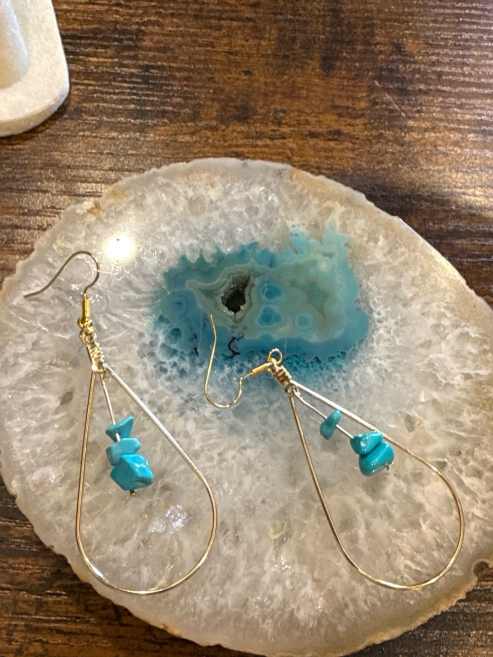 Gold Teardrop Earrings with Turquoise Chip Beads